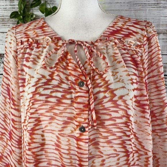 Nine West Blouse size Extra Large Orange Pink Sheer Ruffle Button Front Peasant - Picture 6 of 13